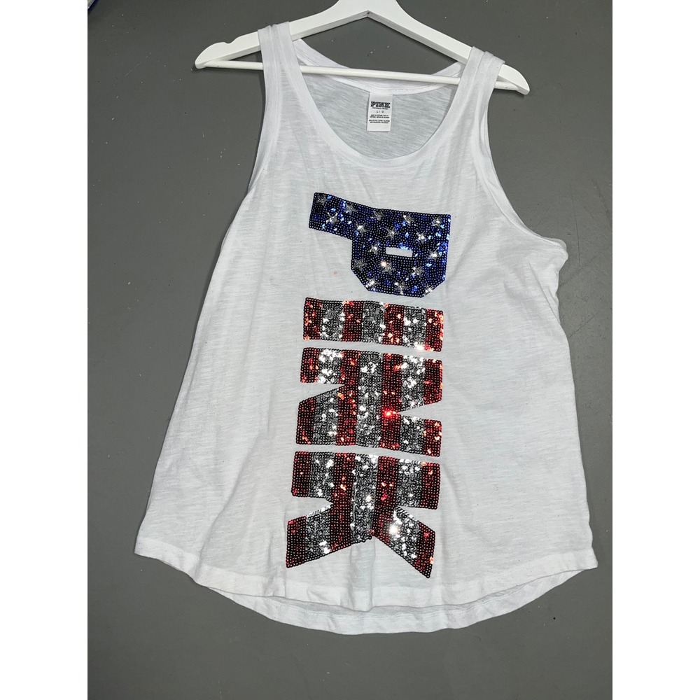 PINK Victoria's Secret Women's Large White Sequin Flag Tank Top